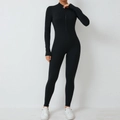 Detailed view of women's black long sleeve yoga bodysuit with front zipper closure - L / Premium Black