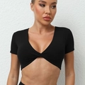Slim fit black yoga crop top with twist front V-neck design and elastic short sleeves - L / Tops / Black