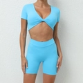 Bright blue yoga set with V-neck short sleeve top and high-waist cycling shorts - S / Flame Blue