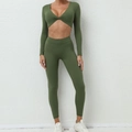 Olive green yoga set with long sleeve twist front top and high waist leggings for women - S / Army Green