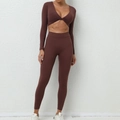 Women's chocolate brown long sleeve yoga set with v-neck twist top and leggings - M / Coffee