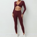 Ensemble de yoga bordeaux pour femme avec haut à manches longues et legging gainant - Bordeaux