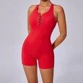 Tuta da yoga rossa aderente con schiena incrociata e dettagli stringati traforati - S / Rosso