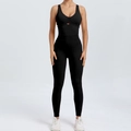 Women's black yoga jumpsuit with double adjustable straps and hollow-out front design - Black
