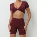 Slim fit burgundy two-piece yoga set with V-neck cross short sleeve top and cycling shorts - S / Top And Bottom / Burgundy