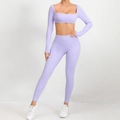 Set da yoga viola chiaro per donna con top a maniche lunghe a collo quadrato e leggings - Lavanda