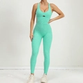 Women's cross-back yoga bodysuit in mint green marl with U-neck cutout design - Mint Green