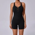 Combinaison de yoga noire dos nu pour femme avec laçage frontal et effet sculptant - Noir