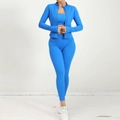 Set yoga 3 pezzi blu Klein con leggings a vita alta e giacca con zip a maniche lunghe - S / Blu Reale