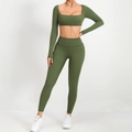 Ensemble de yoga vert olive avec haut à manches longues, col carré et legging taille haute - S / Vert Militaire