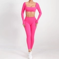 Ensemble de yoga rose vif avec haut court à manches longues et legging taille haute - S / Rose Rouge