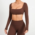 Conjunto de yoga marrón para mujer con top acolchado de cuello cuadrado y mallas de cintura alta - S / Tops / Café