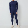 Slim fit dark blue yoga bodysuit with long sleeves, half zipper, and thumbholes - S / Navy Blue