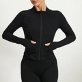 Women's black slim fit sports jacket with stand collar and thumbhole sleeves - S / Tops / Black