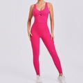 Rose red one-piece yoga jumpsuit with cross straps and hollow out detail for women - Deep Rose Red
