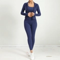 Set yoga tre pezzi blu scuro con giacca a zip, canotta e leggings a vita alta - S / Blu navy