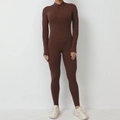Women's long sleeve yoga bodysuit in deep brown with half-zip and high elasticity - S / Coffee