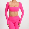 Conjunto de yoga rosa neón para mujer con cuello cuadrado y top de manga larga deportiva - S / Tops / Rosa rojo