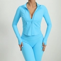 Women's light blue slim fit quick-dry running jacket with stand collar and thumb holes - S / Tops / Flame Blue