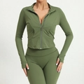 Women's army green yoga set with stand collar zipper jacket and high waist leggings - Army Green