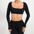 Conjunto de yoga negro para mujer con top de cuello cuadrado y mallas de cintura alta - S / Tops / Negro
