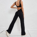 Black backless flare jumpsuit with scrunch butt lifting and high elastic ribbed fabric - XS / Set / Black