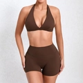 Chocolate brown seamless quick-dry yoga set with halter sports bra and high waist shorts - S / Top And Bottom / Coffee