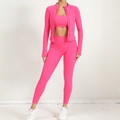 Ensemble de yoga 3 pièces rose vif avec veste, brassière de sport et legging taille haute - Rose rouge