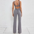 Dark grey backless flare yoga jumpsuit with ruched peach butt lifting and wide straps - XS / Set / Dark Gray