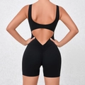 Slim fit black backless athletic jumpsuit with ruched booty lifting design for yoga - S / Top And Bottom / Black