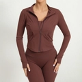 Chocolate brown slim fit yoga jacket with thumb holes and matching sports leggings - Coffee