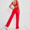 Red backless yoga jumpsuit with scrunch butt lifting design and wide leg finish - XS / Red