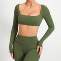 Conjunto de yoga verde oliva con top de manga larga y mallas de fitness - Verde Militar