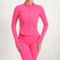 Women's fluorescent pink zip-up running jacket and leggings set with thumbholes - Rose Red