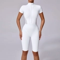 Short sleeve white zip-up yoga romper with breathable mesh panels for fitness - White