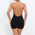 Black halter neck bodysuit featuring a backless design and scrunch butt lifting shorts - S / Black