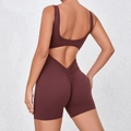 Deep chocolate brown backless sports romper with scrunch butt and waist cutout details - Coffee