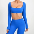 Conjunto de yoga azul cobalto con top corto de manga larga y cuello cuadrado - Azul zafiro