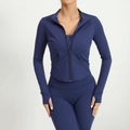 Women's dark blue zip-up yoga jacket and leggings set with thumbhole design - Navy Blue