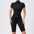 Black short sleeve yoga bodysuit with zipper and mesh panels for women - S / Top And Bottom / Black