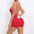 Red halter backless yoga romper with functional side pocket and scrunch butt detail - S / Red