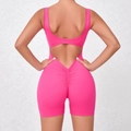 Rose pink backless sports romper with ruched booty detail and v-shaped waist cut - Rose Red