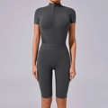 Dark gray zip-front short sleeve yoga bodysuit with breathable mesh side panels - S / Top And Bottom / Charcoal Gray