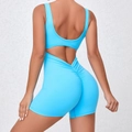 Light blue ruched butt lifting athletic romper with open back design for yoga - Flame Blue