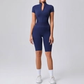Slim fit navy blue short sleeve yoga bodysuit with front zipper and biker shorts - S / Top And Bottom / Navy Blue