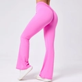 Pink high waisted flare yoga pants with V-waist design and scrunch butt effect - S / Bottoms / Fluorescent Pink