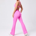 Pink yoga set featuring cross-back sports bra and high-waisted flared leggings - S / Fluorescent Pink