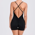 Black backless athletic jumpsuit with ruched butt design and cross straps for fitness - S / Top And Bottom / Black