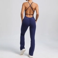 Dark blue open back yoga jumpsuit with cross straps and ruched peach butt lift effect - Navy Blue