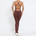 Women's deep brown backless flare yoga jumpsuit with adjustable criss-cross straps - S / Top And Bottom (53202) / Coffee
